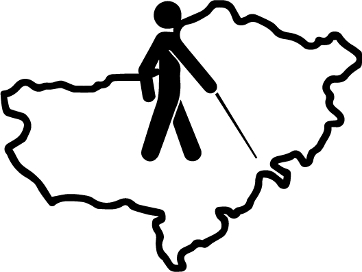 VGyNME logója: fehér bottal közlekedő ember sziluettje Nógrád megye térképén